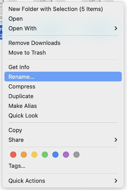 screenshot of menu to rename a file for marketing folder on a mac.